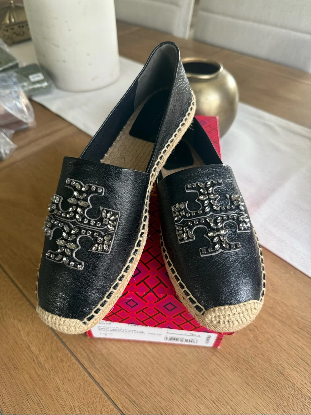 Tory Burch Black Leather Espadrille with Jeweled Logo